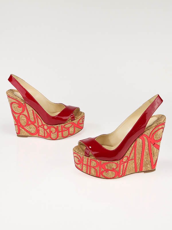 Christian Louboutin Red Patent Leather Margo Peep-Toe Cork Wedges Size 5.5