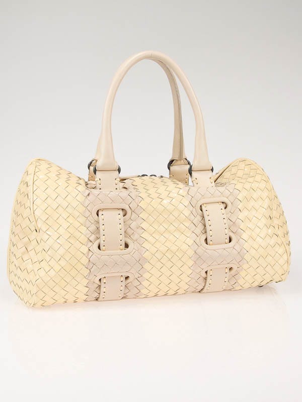 Bottega Veneta Cream Patent Woven Leather Accordion Satchel Bag