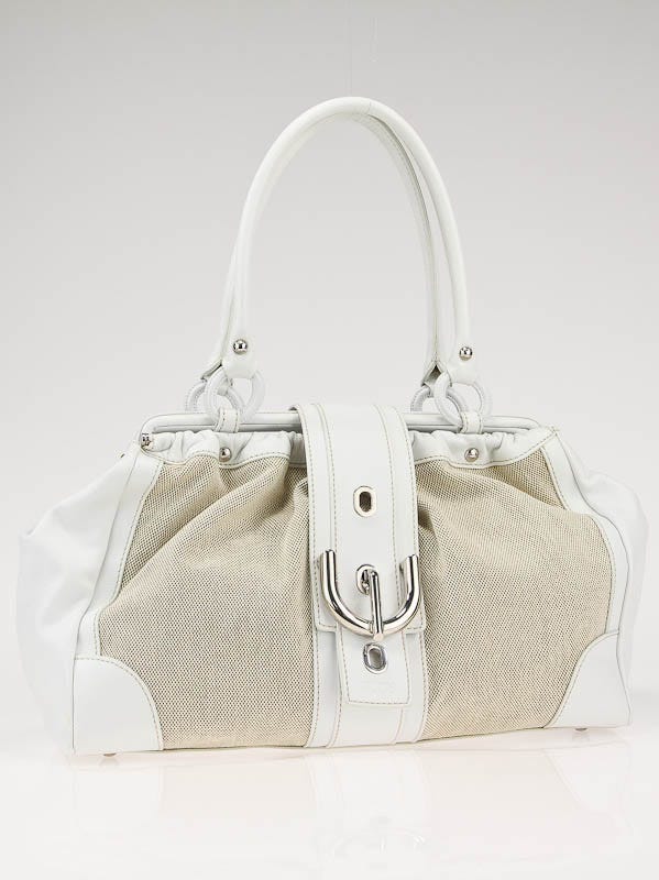 Tod's White Canvas and Leather Shopping Cerniera Piccola Frame Bag