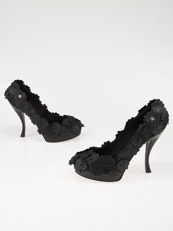 Chanel Black Leather and Organza Camellia Flower Platform Pumps Size 8.5