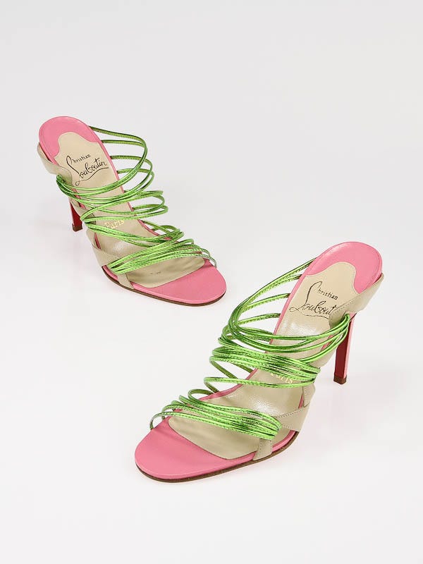 Christian Louboutin Green and Pink Leather Trescobaldi Gisa Sandal Heel Size 7