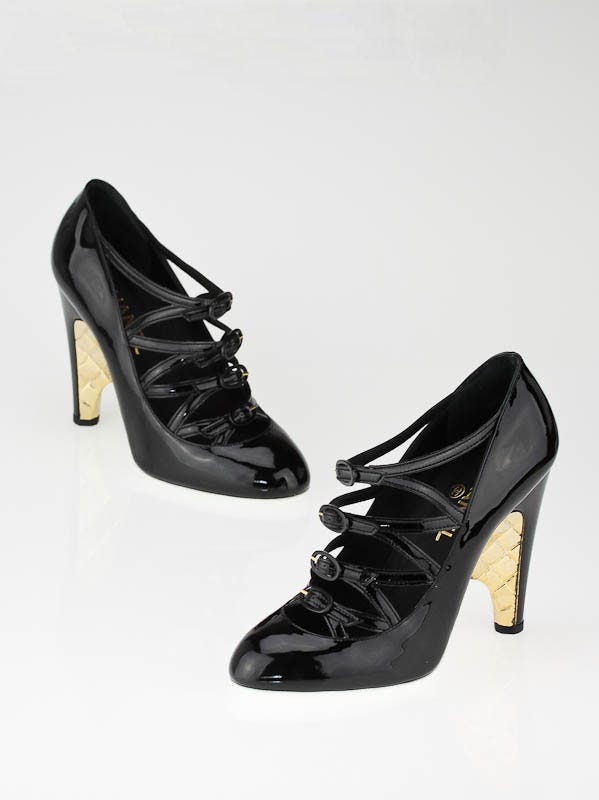 【オンライン限定商品】  Black Chanel Patent 6.5/37 Size Heels Buckles Strass Leather 靴