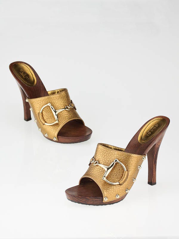 Gucci Bronze Leather Horsebit Open-Toe Slide Heels Size 9/39.5