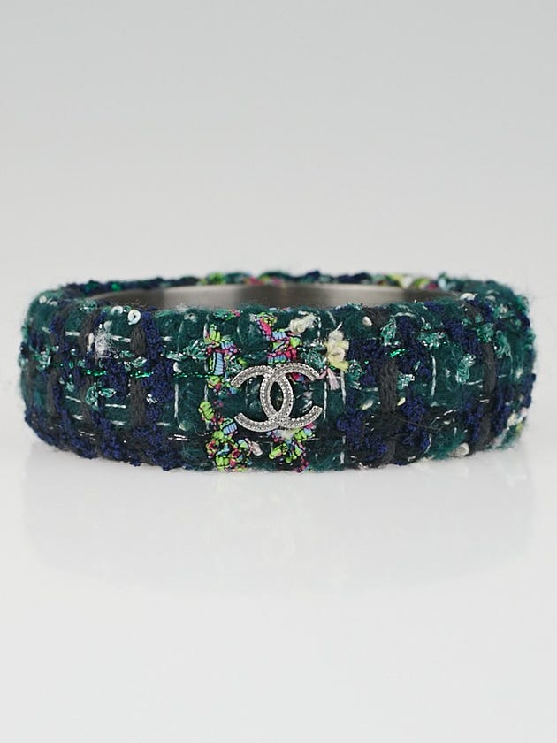 Chanel Navy Blue Tweed CC Bangle Bracelet Size M