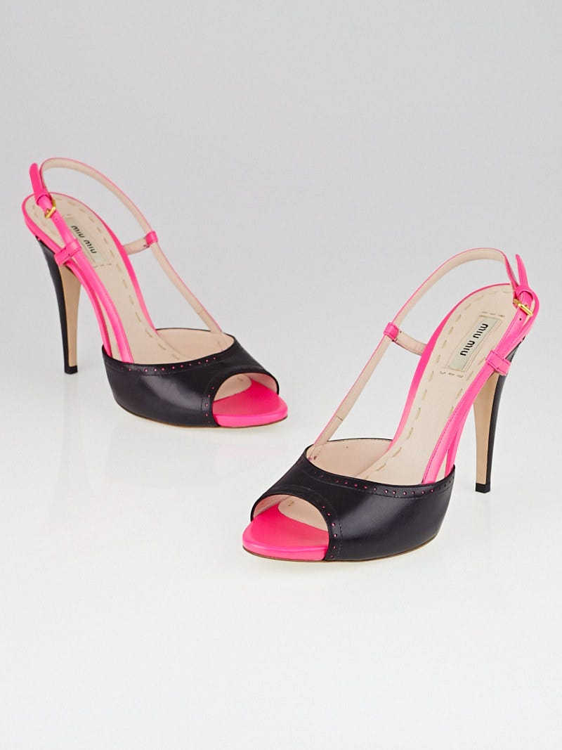 Miu Miu Black and Neon Pink Leather Slingback Pumps Size 9 39.5