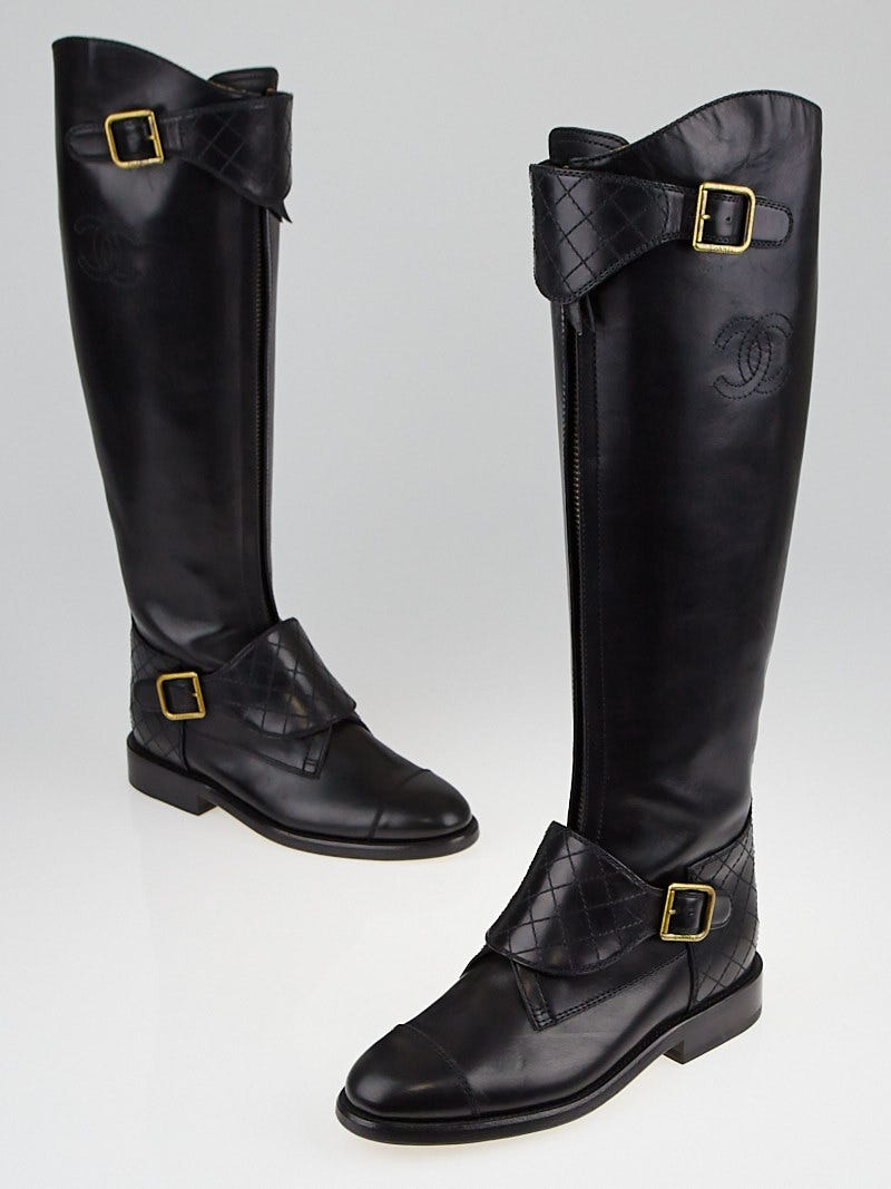 Chanel Black Leather Knee-High Flat Buckle Boots Size 5.5/36 - Yoogi's  Closet