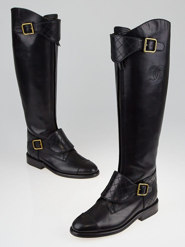 Chanel Black Leather Knee-High Flat Buckle Boots Size 5.5/36
