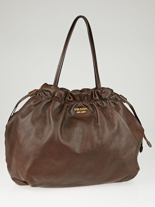 Prada Brown Leather Drawstring Shopping Tote Bag BR4229