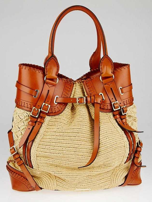 Burberry Brown Raffia-Effect and Leather Tote Bag