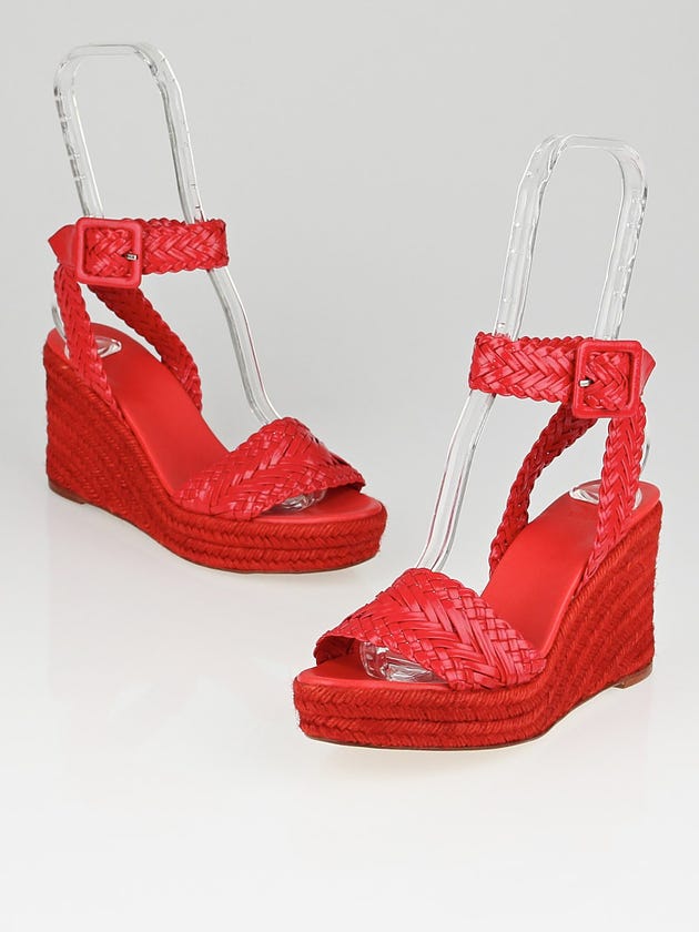 Hermes Red Braided Patent Leather Sofia Espadrille Wedges Size 7.5/38
