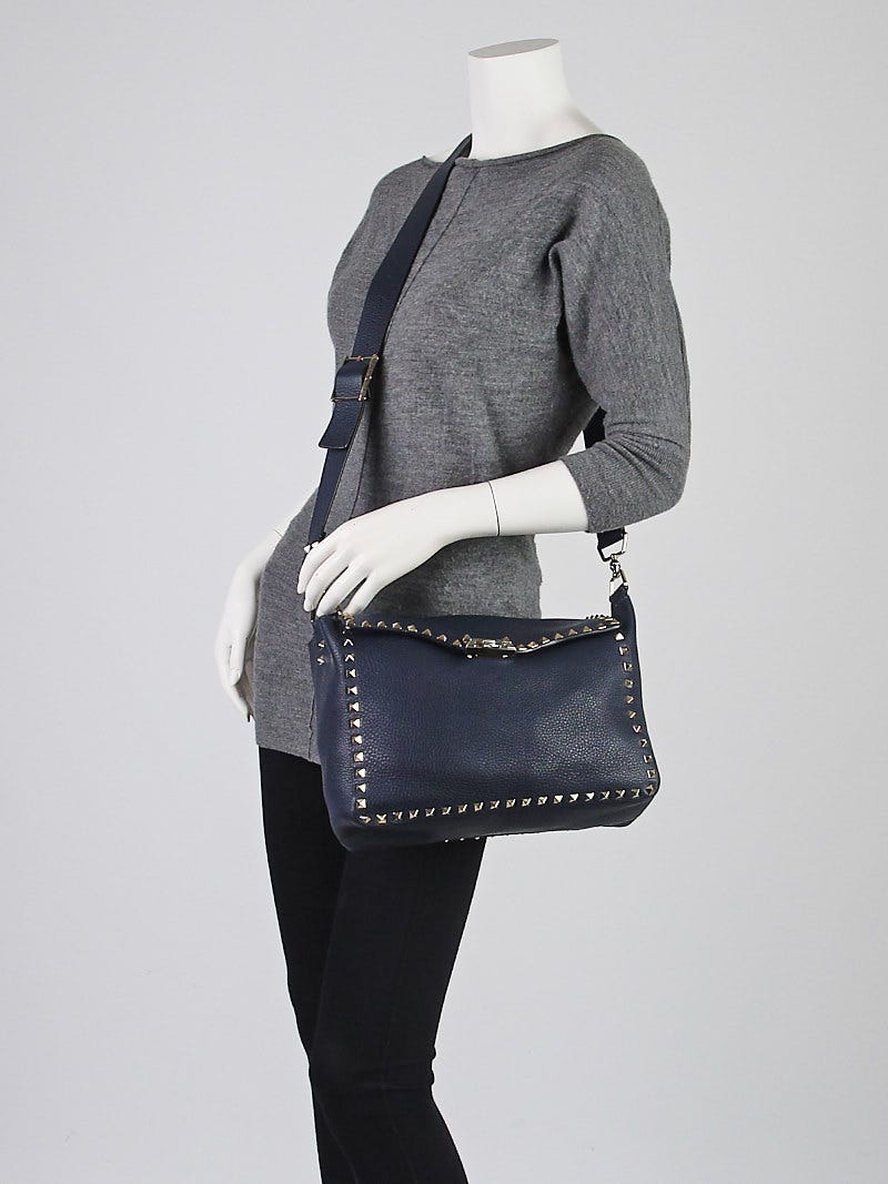 Valentino Navy Blue Pebbled Leather Rockstud Crossbody
