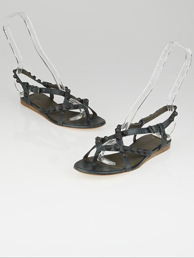 Balenciaga Anthracite Lambskin Leather Arena Strappy Flat Thong Sandals Size 6.5/37