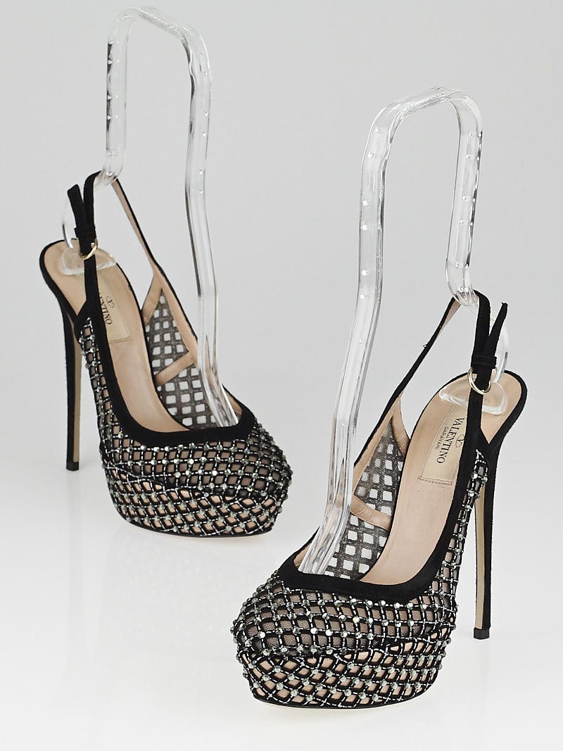 Valentino Crystal-Embellished Black Suede Mesh Slingback