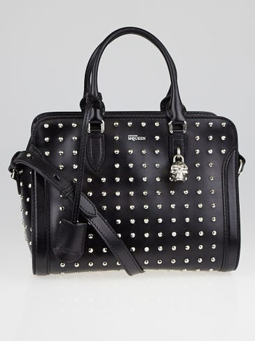 Alexander McQueen Black Studded Leather Small Skull Padlock Zip Satchel Bag | Yoogi's Closet Alexander McQueen Black Studded Leather Small Skull Padlock Zip Satchel Bag | Yoogi's Closet