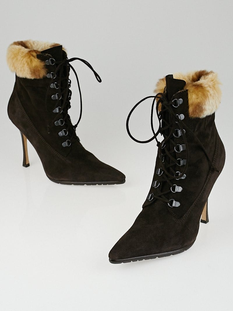 Manolo Blahnik Brown Suede and Faux Fur Trim Lace Up Boots Size