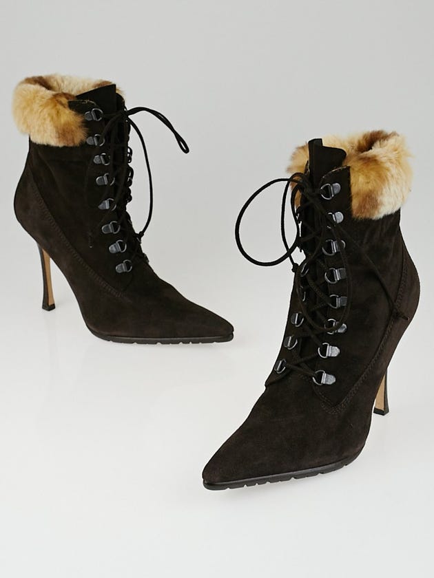 Manolo Blahnik Brown Suede and Faux Fur Trim Lace Up Boots Size 8.5/39