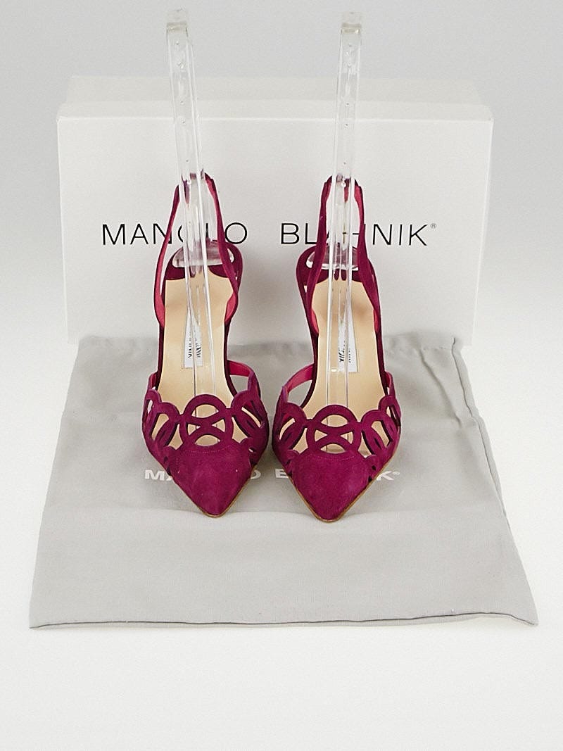 Manolo Blahnik Fuchsia Suede Nitapa Cut-Out Slingback Pumps