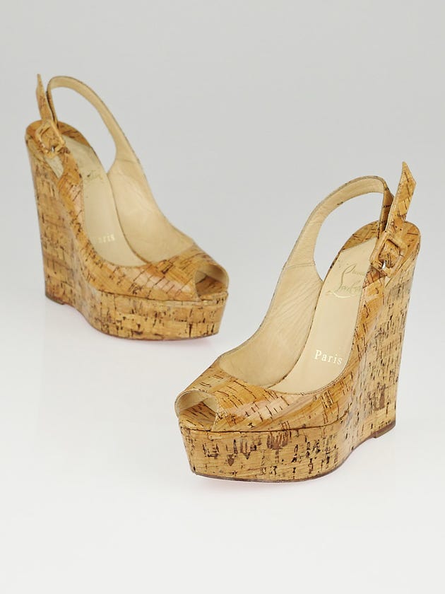 Christian Louboutin Natural Cork Une Plume Slingback Wedges Size 4.5/35