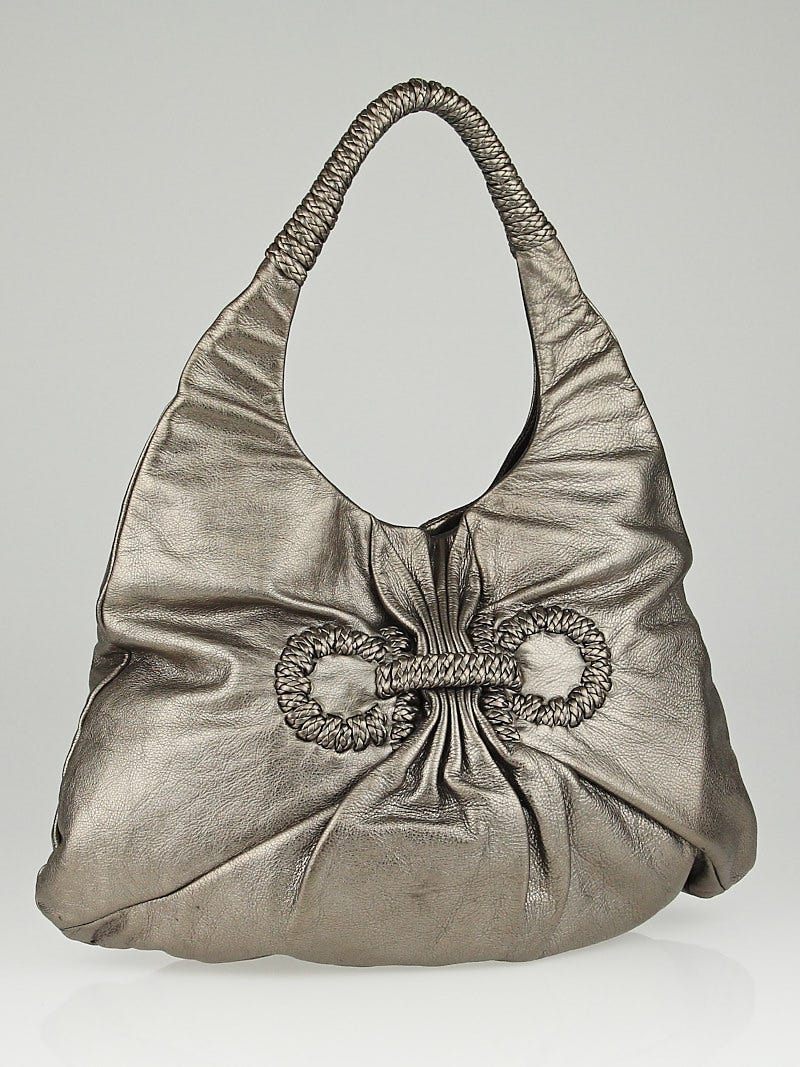 Salvatore Ferragamo Pewter Leather Woven Hobo Bag Yoogi s Closet
