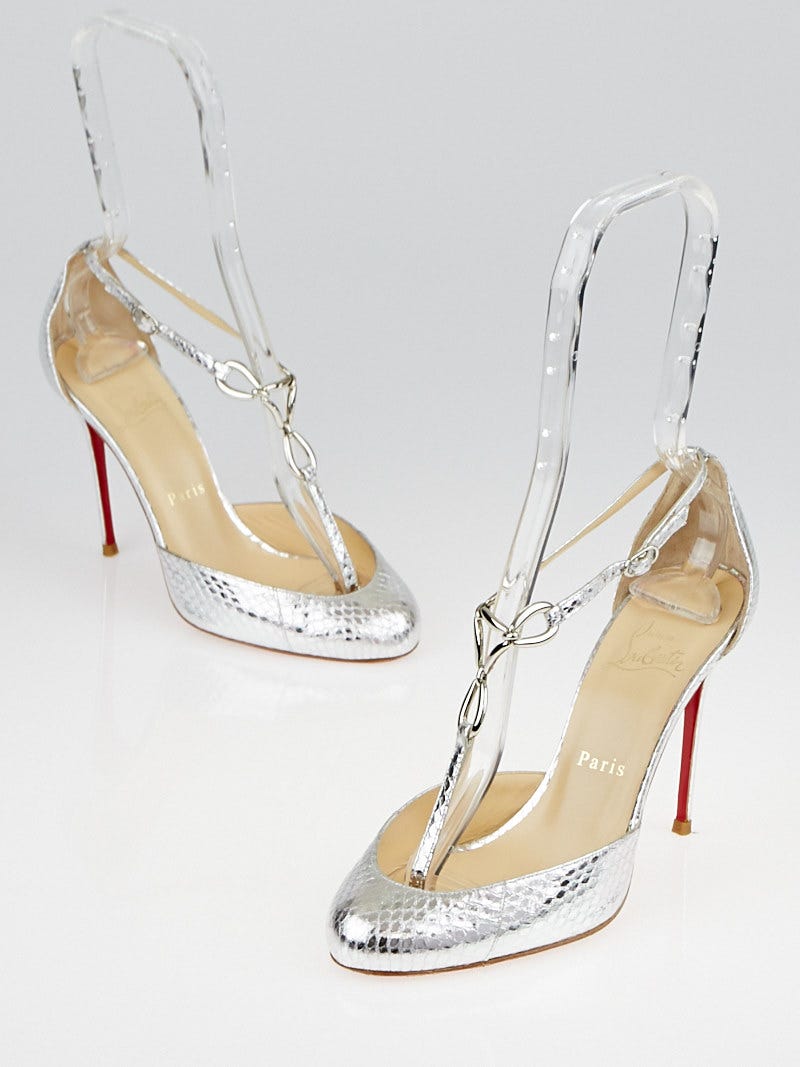 最新人気 Christian Louboutin 100 Mum Carla's T-Strap Snakeskin Silver ショルダーバッグ