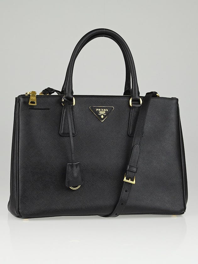 Prada Black Saffiano Lux Leather Double Zip Medium Tote Bag BN2274