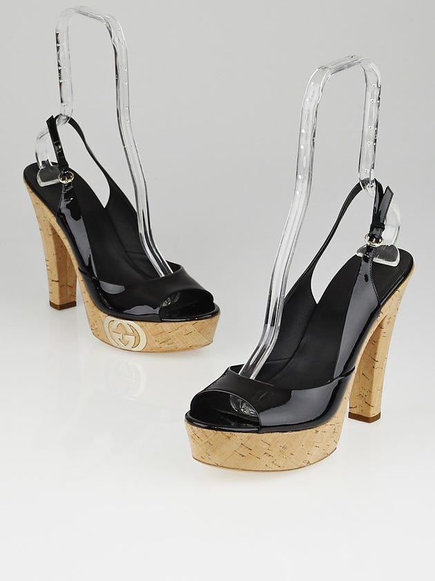 Gucci Black Patent Leather Grease Cork Platform Sandals Size 9.5B