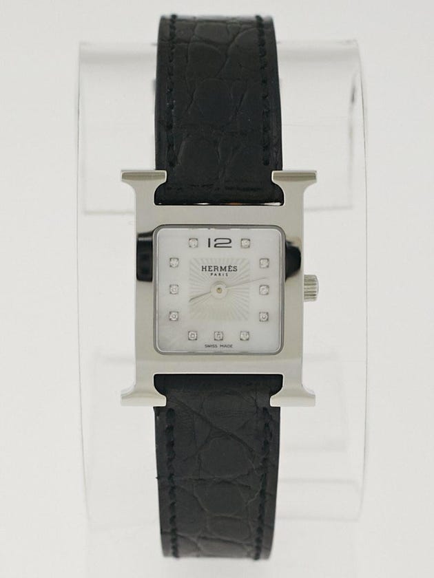 Hermes Black Shiny Lisse Alligator Stainless Steel and Diamonds Heure H PM Quartz Watch