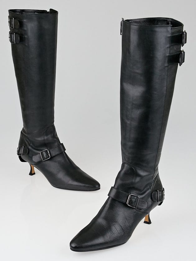 Manolo Blahnik Black Leather Buckle Knee High Boots Size 8/38.5