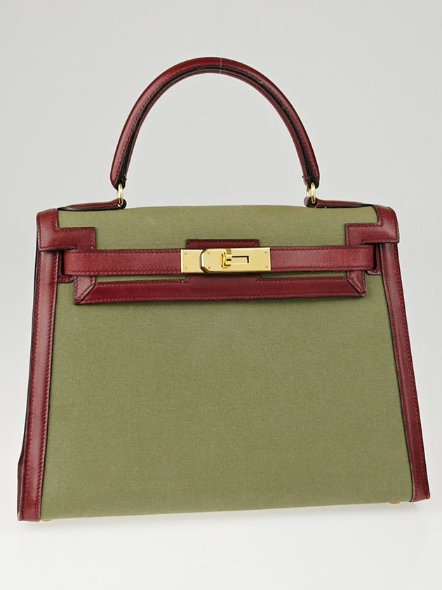 Hermes 28cm Rouge H Barenia Leather and Olive Canvas Kelly Sellier Bag