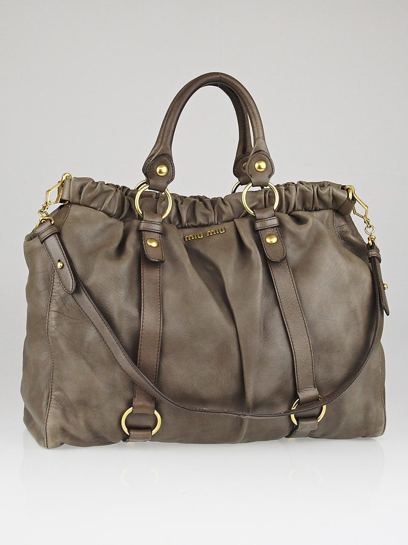 Miu Miu Taupe Leather Gathered Tote Bag | Yoogi's Closet