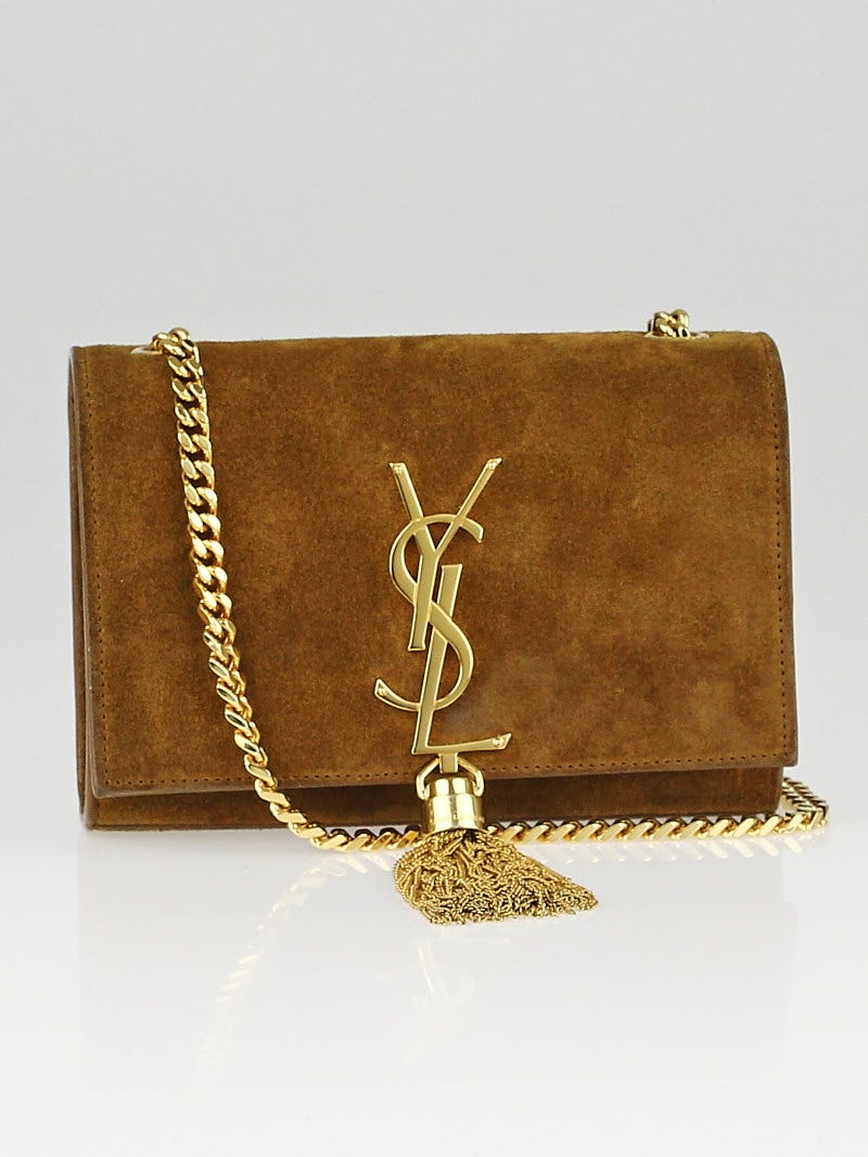 Saint Laurent Dark Gold Suede Classic Monogram Tassel Small Flap