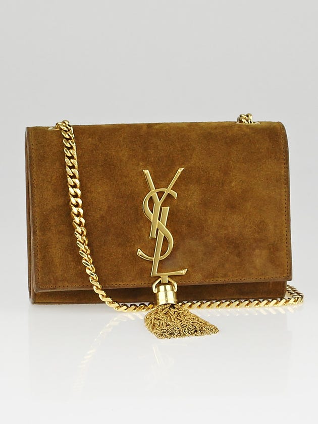 Saint Laurent Dark Gold Suede Classic Monogram Tassel Small Flap Bag