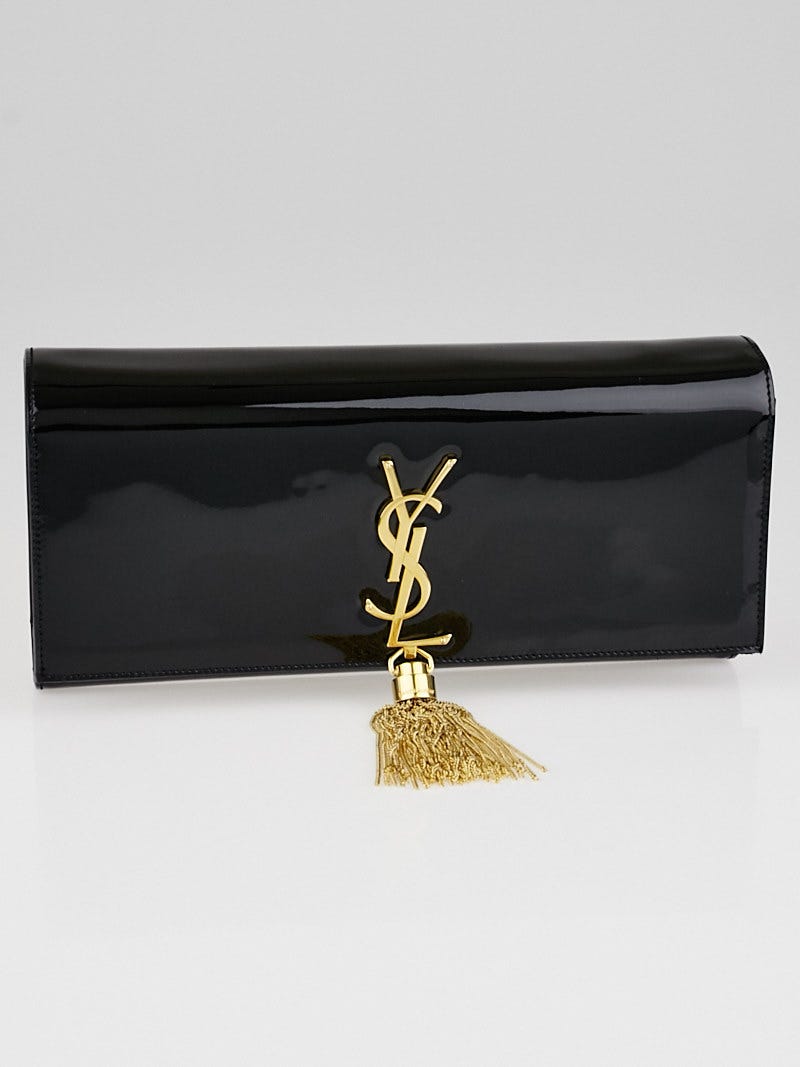 Yves Saint Laurent Black Patent Leather Cassandre Tassel Clutch