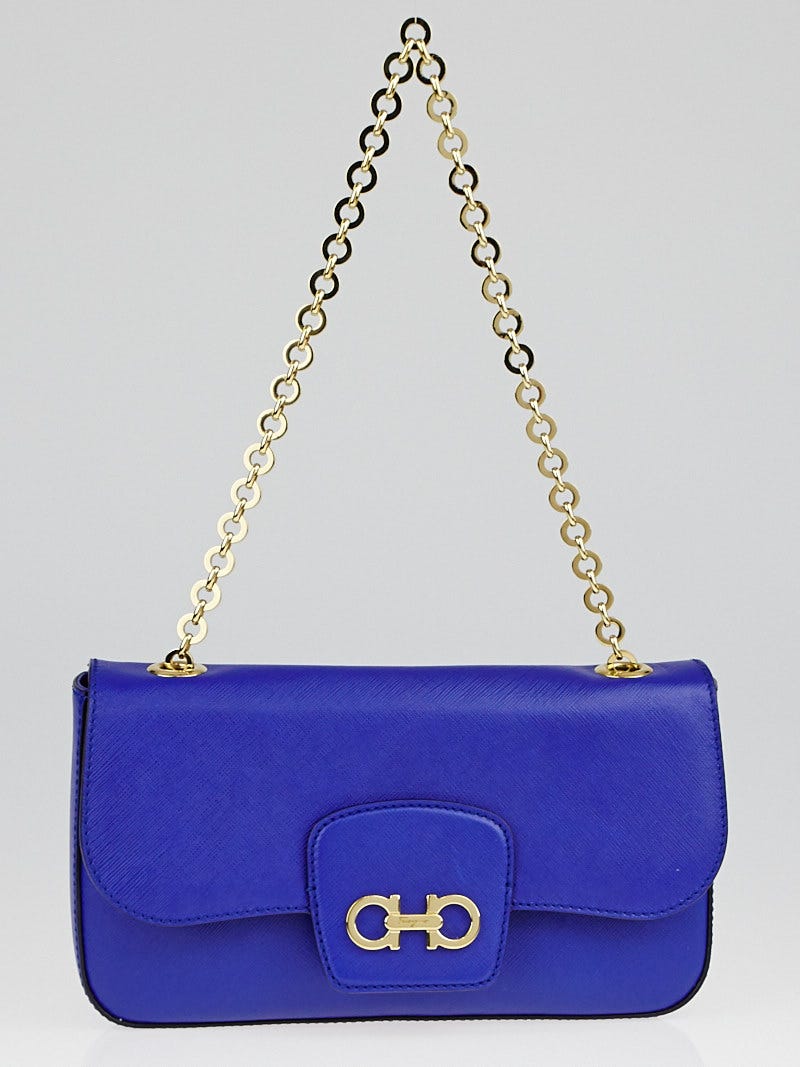 Salvatore Ferragamo Blue Saffiano Leather Rory Chain Bag - Yoogi's Closet