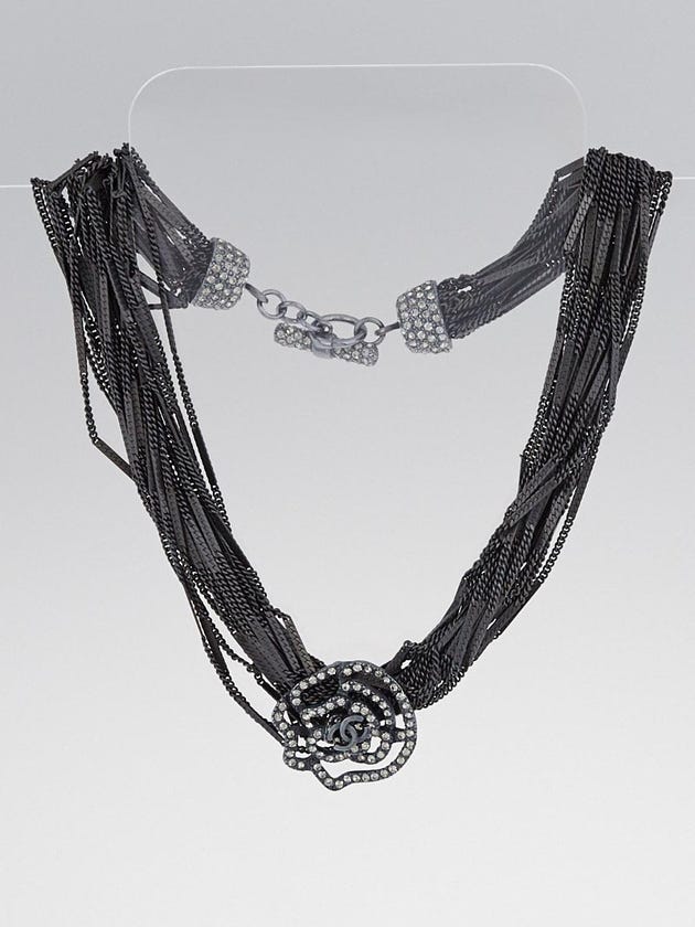 Chanel Gunmetal Multi-Strand and Crystal Camellia Choker Necklace
