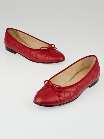 Chanel Red Quilted Caviar Leather CC Cap Toe Ballet Flats Size 8