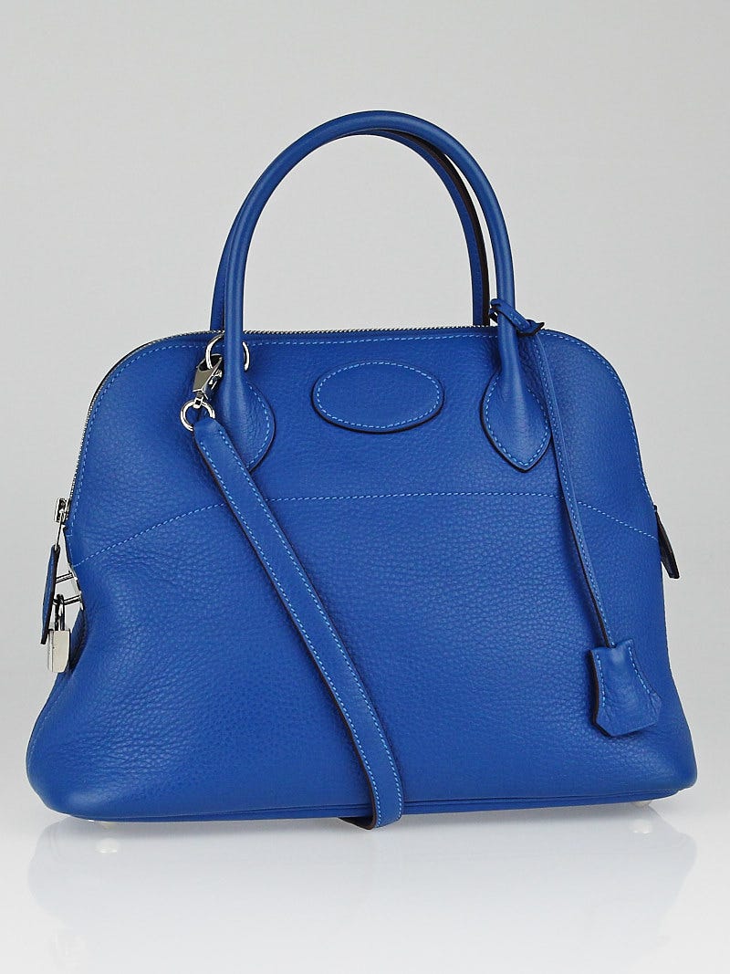 Hermes 31cm Blue Hydra Clemence Leather Palladium Plated Bolide