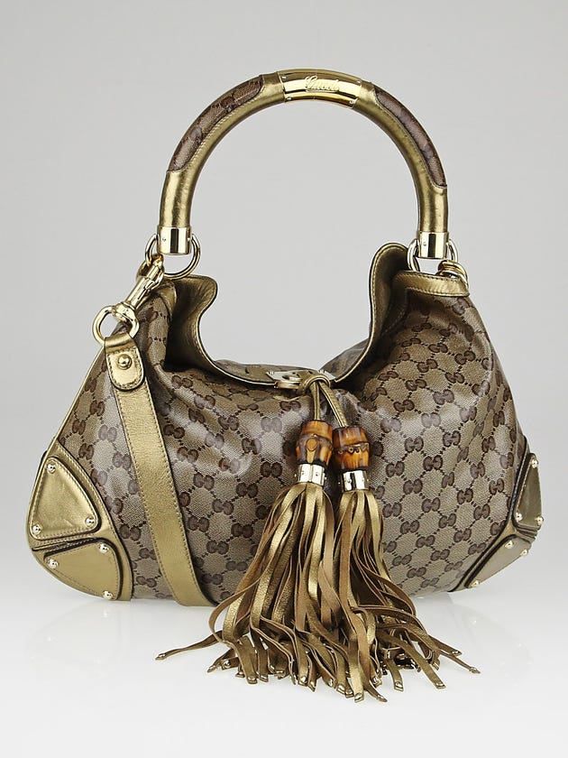Gucci Beige/Gold GG Crystal Coated Canvas Medium Babouska Indy Top Handle Bag