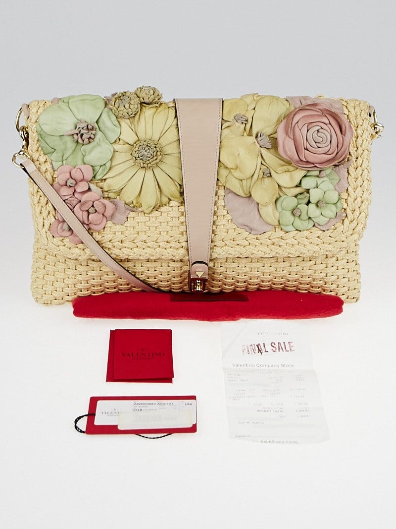 Valentino Natural Woven Raffia Flower Applique Clutch Bag - Yoogi's Closet
