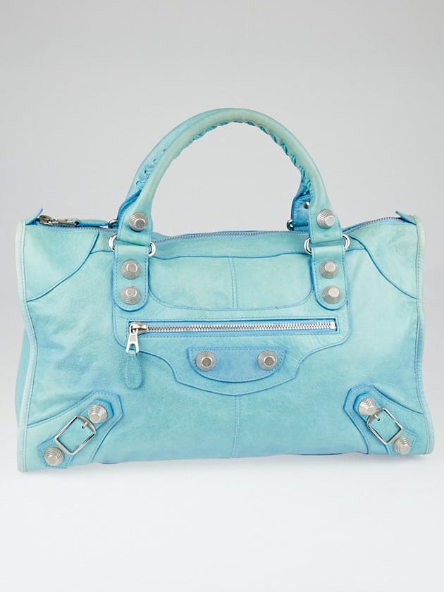 Balenciaga Bleu Paon Lambskin Leather Giant 21 Silver Work Bag