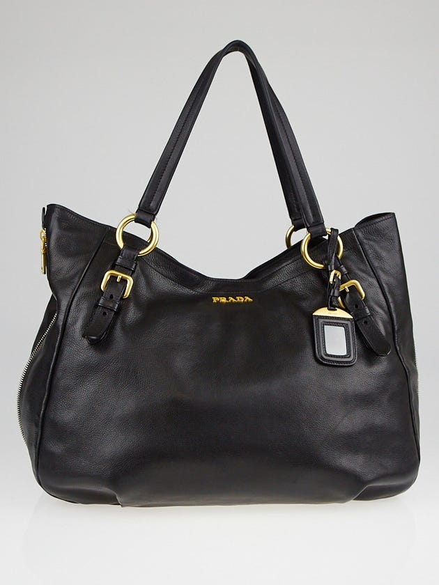 Prada Black Leather Side Zippers Tote Bag
