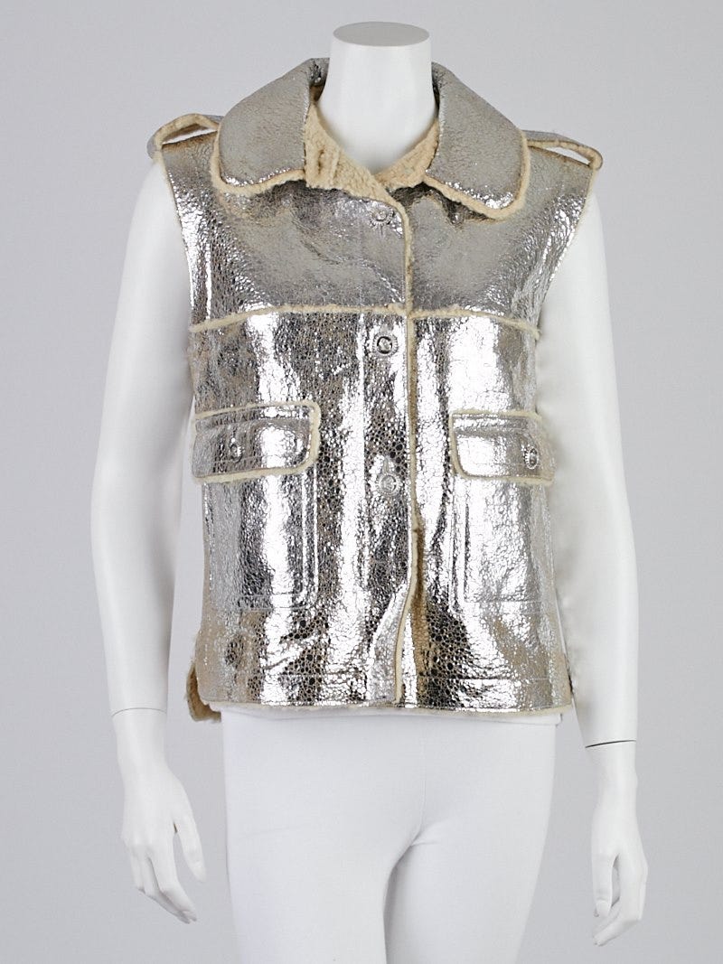 Chanel Metallic Silver Lambskin Leather and Shearling Vest Size 8/40 - Yoogi's  Closet