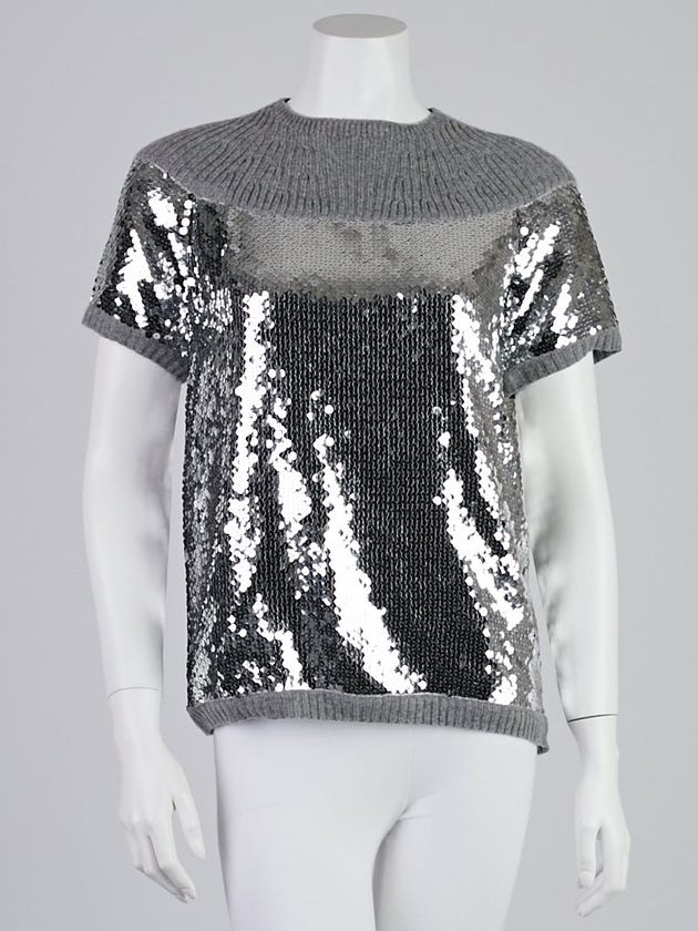 Chanel Grey Cashmere and Sequin Pullover Top Size 10/42