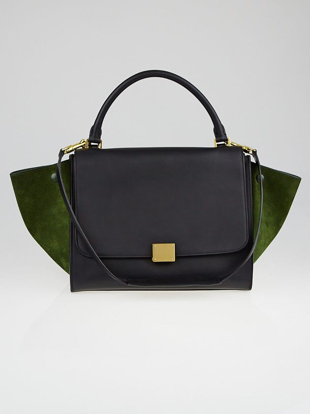 Celine Black Calfskin Leather and Green Suede Small Trapeze Bag