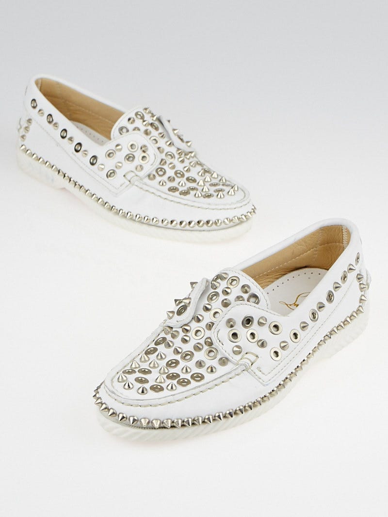 Christian Louboutin White Leather Yacht Spikes Flat Loafers Size 6 36.5 Yoogi s Closet