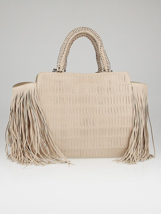 Salvatore Ferragamo Bisque Woven and Fringe Nappa Leather Large Verve Tote Bag