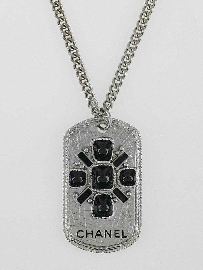 Chanel Silvertone Metal and Black Stone Dog-Tag Necklace