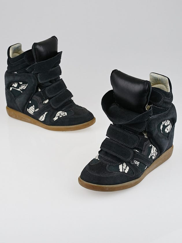 Isabel Marant Black Suede and Printed Canvas Bekett Sneaker Wedges Size 6.5/37