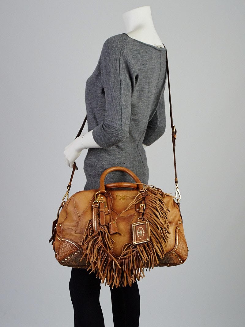Prada Natural Cervo Patch Bauletto Fringe Bag BL0388 | Yoogi's Closet