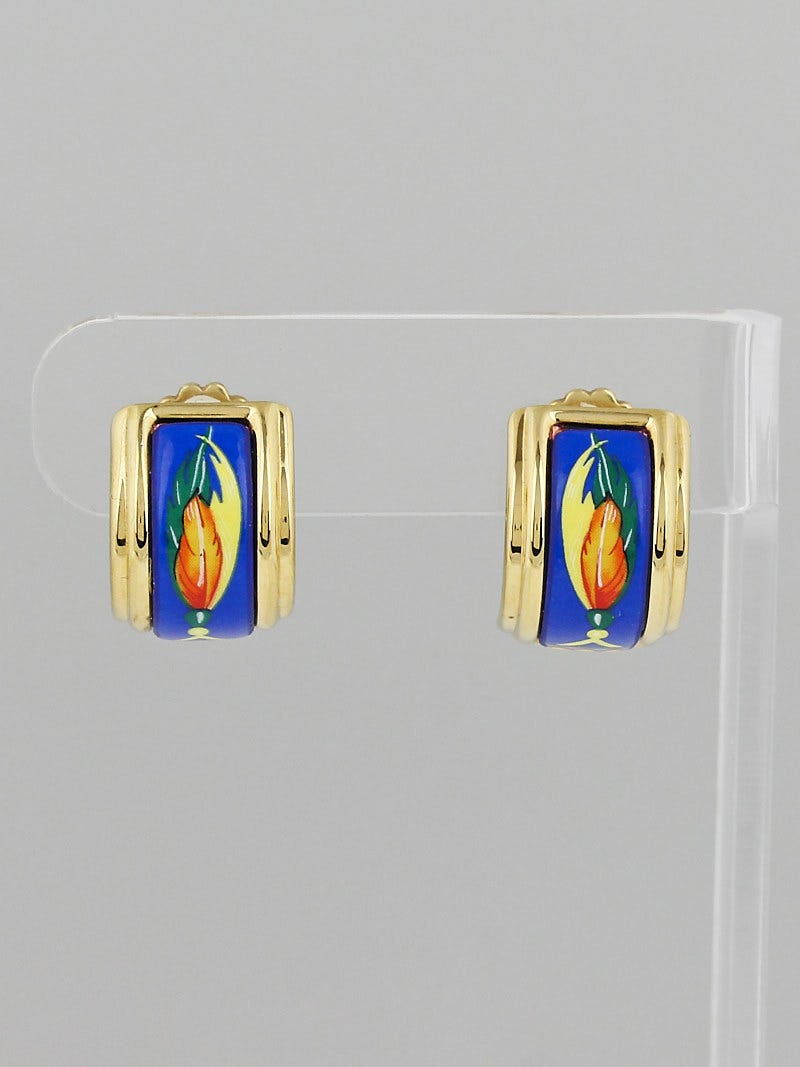 Hermes Brazil Printed Enamel Gold Plated Clip-On Earrings